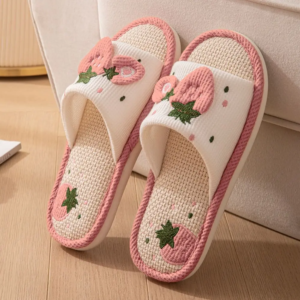 Kawaii لينة وحيد منزل الكتان النعال الكتان المضادة للانزلاق الحلو شبشب منزل المفتوحة تو تنفس الفراولة النعال النساء الفتيات #3