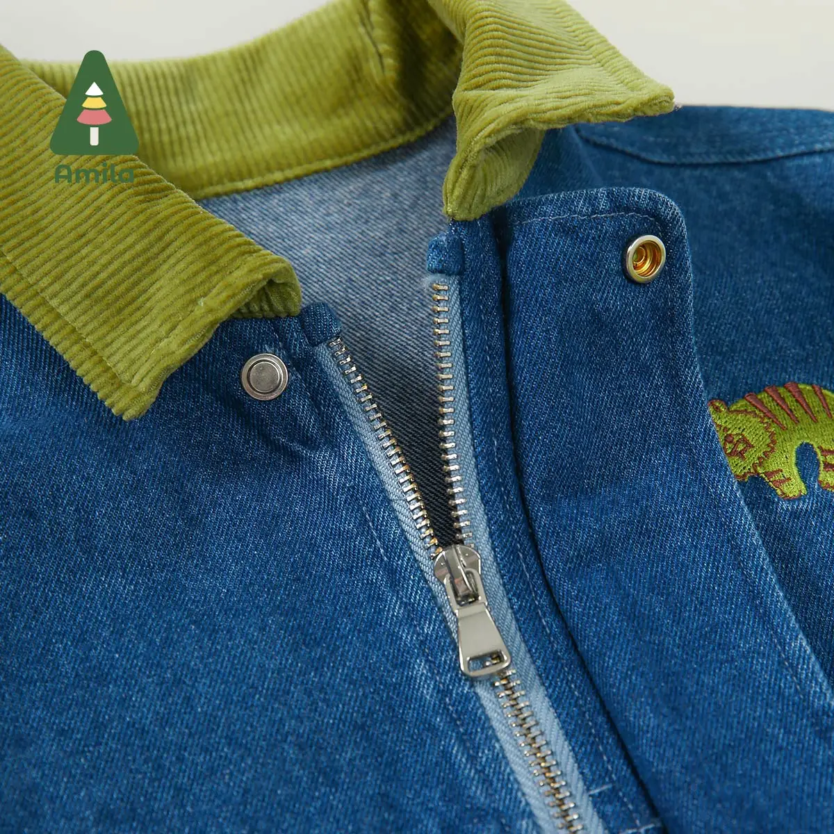 Amila Baby Jacket 2024 Autumn New Boys Lapel Contrast Color Cartoon Corduroy Embroidery Back Print Cotton Children’s Denim Jacke