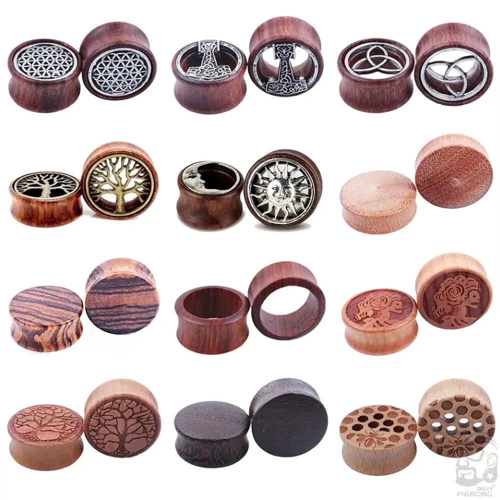 2szt Organic Wood Meat Tunnel Ear Piercings Earlets Saddle Woodern Earring dla kobiet mężczyzn Peace Tree Sun Moon Flesh Ear Gauges