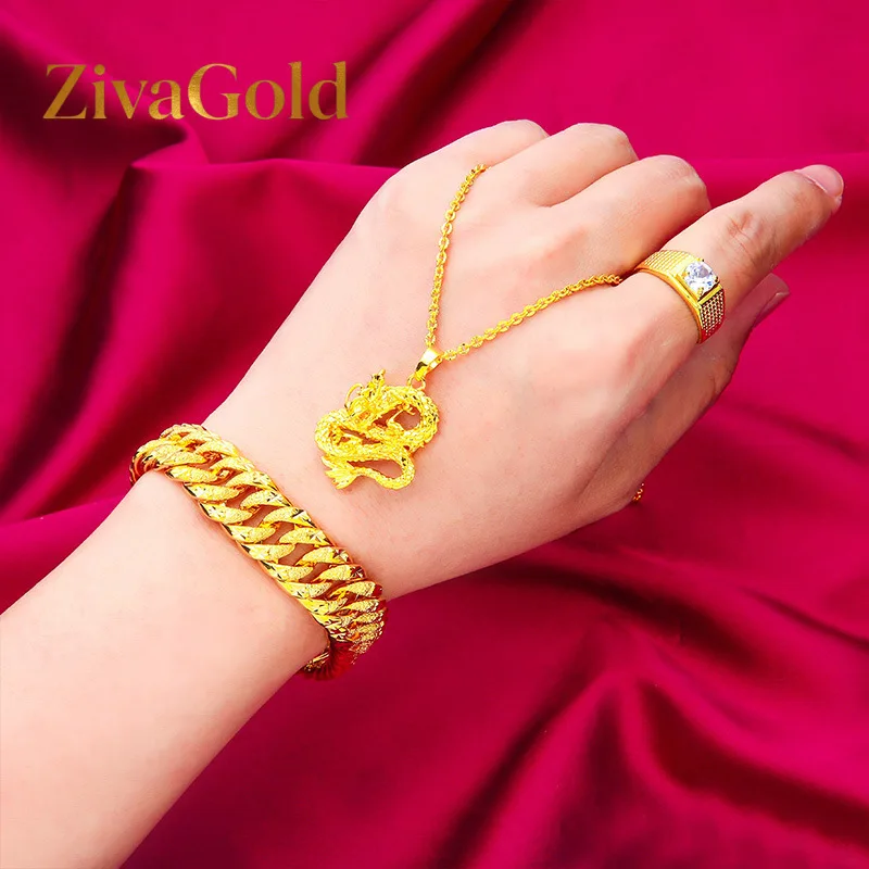 

ZivaGold Wide Edge Bracelet, Necklace Ring Set for Men 24K Gold, AU999 Double sided star track engravings rotating ring for t