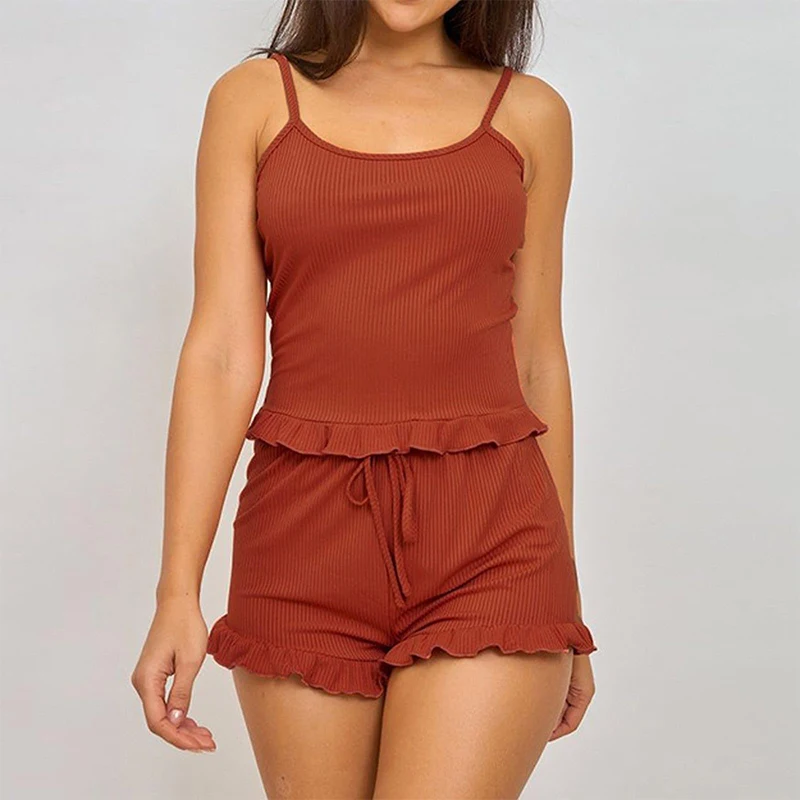 Summer Two-Piece Solid Color Sleepwear Round Neck Sexy Suspender Ribbed Knitted Pleated Vest Shorts Casual Women\'s Sleepwear Set