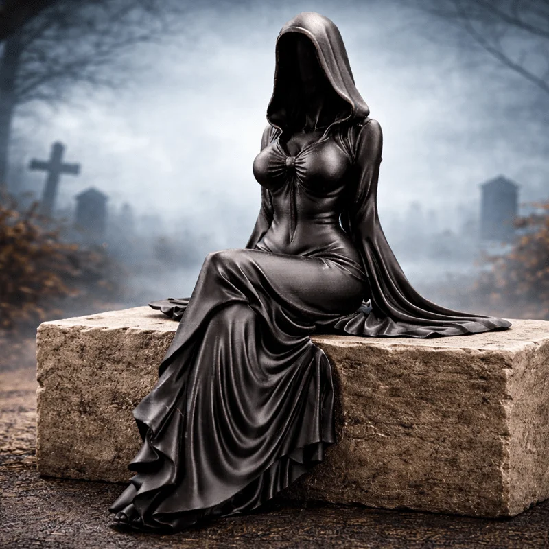Faceless Hooded Lady Resin Statue Gothic Sitting Cloak Woman Sculpture Dark Style Desktop Ornament Mysterious Figure Figurine