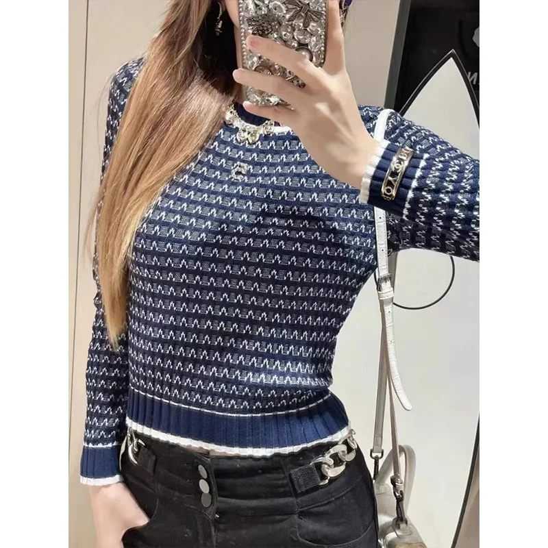 Women Clothing Diamonds Knitted Pullovers Autumn Office Lady Elegant Slim Elasticity Sweaters Casual Commute Fashion Knitwear