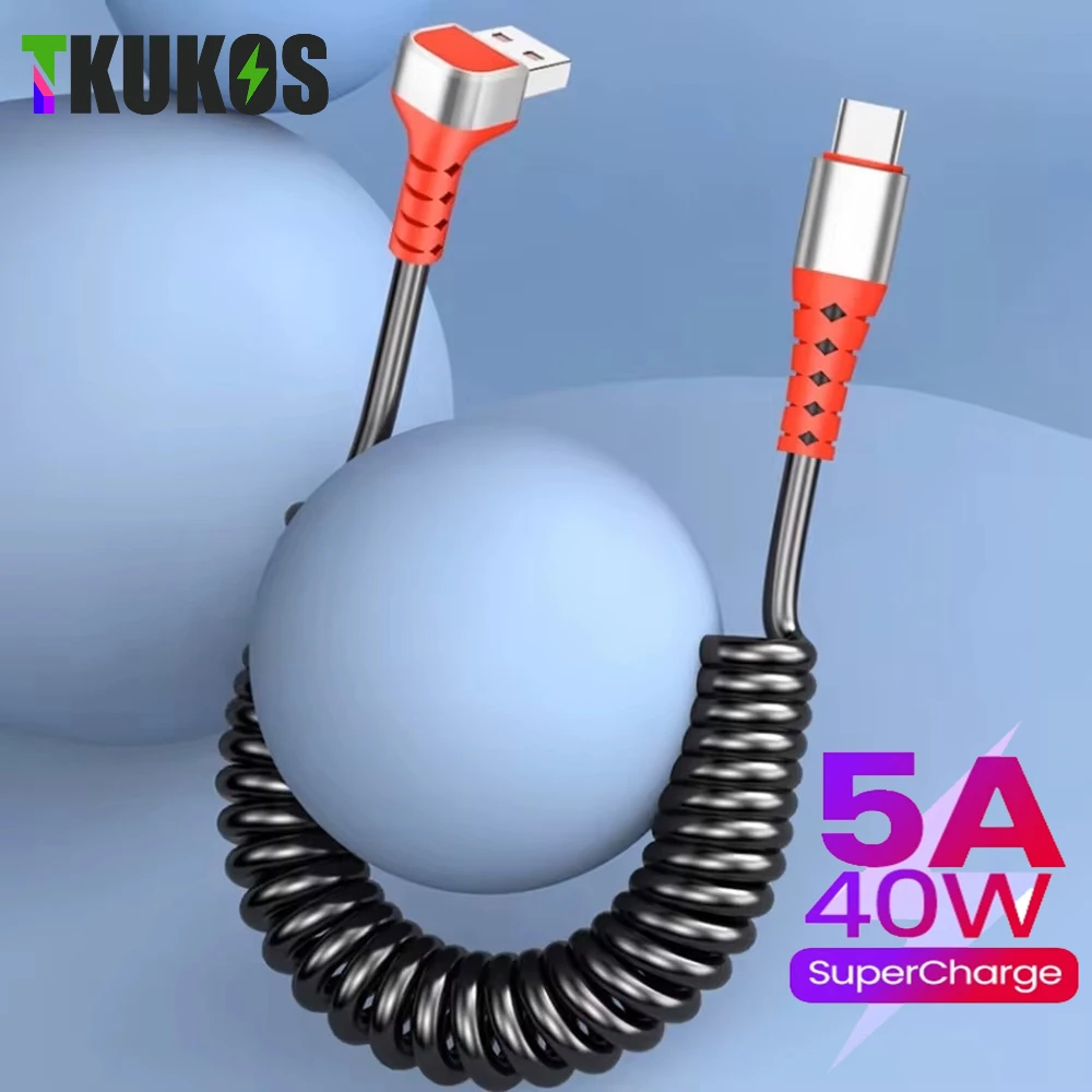 5A USB Type C Data Cable 90° Elbow Car USB Spring PD Fast Charging Cable for iPhone 15 for Sumsung S22 Xiaomi POCO Huawei Honor