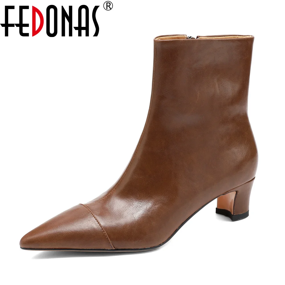 

FEDONAS Women Genuine Leather Ankle Boots High Heels Pointed Toe Office Pumps Side Zipper Fashion Basic Boots Shoes Woman