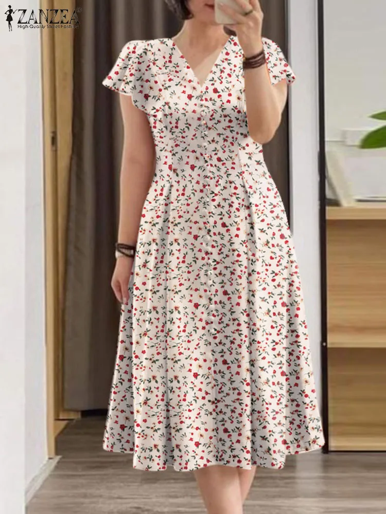 ZANZEA Summer Stylish Printed Sundress Elegant Slim Dress Woman Short Sleeve V-Neck Dresses Female Vintage Party Robe Oversized