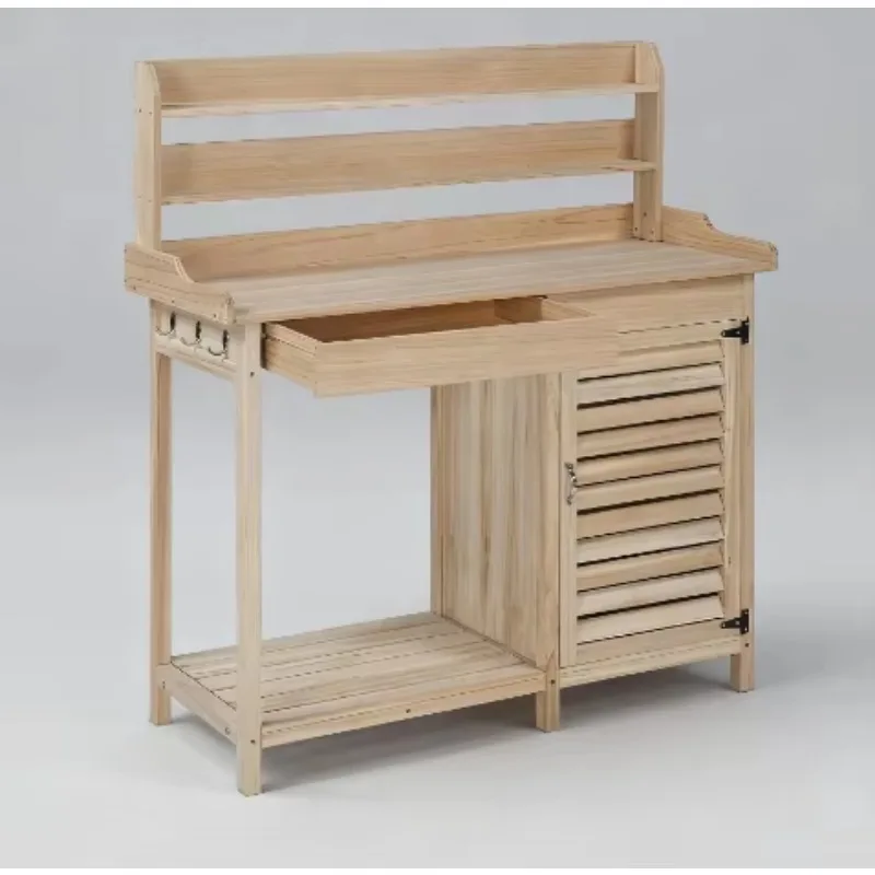 New Natural Color Wooden Potting Bench with Storage Cabinet Drawer Hooks and Open Shelf for Garden Work Table