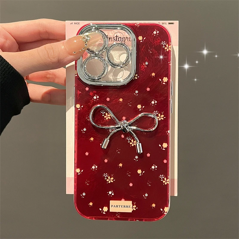 Luxury 3D Bowknot Floral Phone Case For iphone 16 15 14 13 12 Pro Max Girl Glitter Camera Protection Soft Cover Red Back Shell