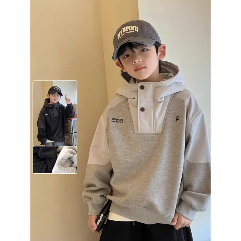 Boys Handsome Fleece Hooded Sweater Winter Children's Windproof Hoodie 2025 New Boys Casual Top Trend