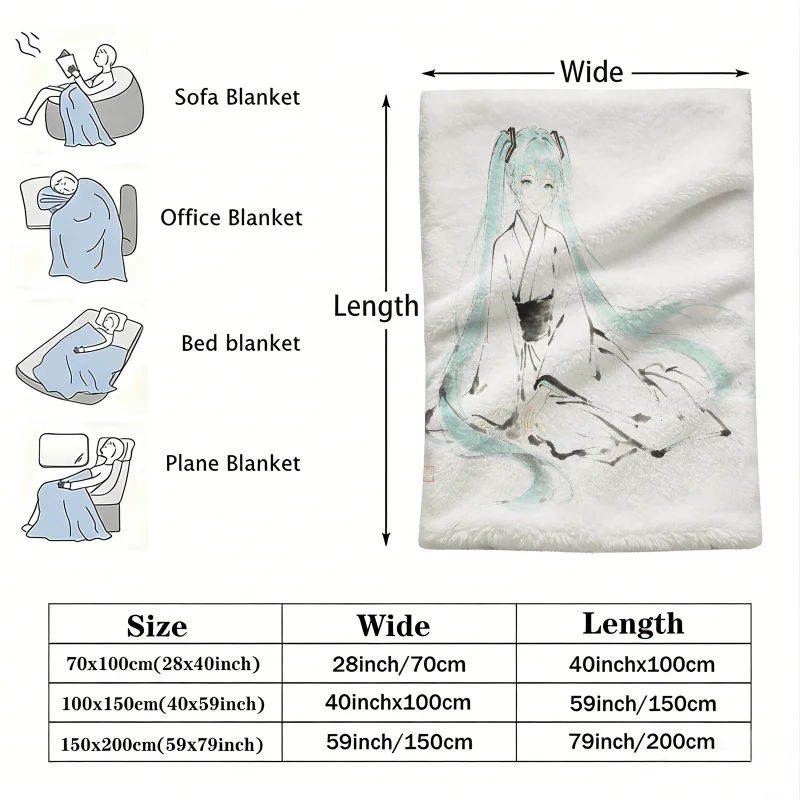 Hatsune Miku Japanese Ink Wash Flannel Throw Blanket Bedroom Decor Zen Style Anime Nap Blanket Air Conditioner Sofa Throw Cover