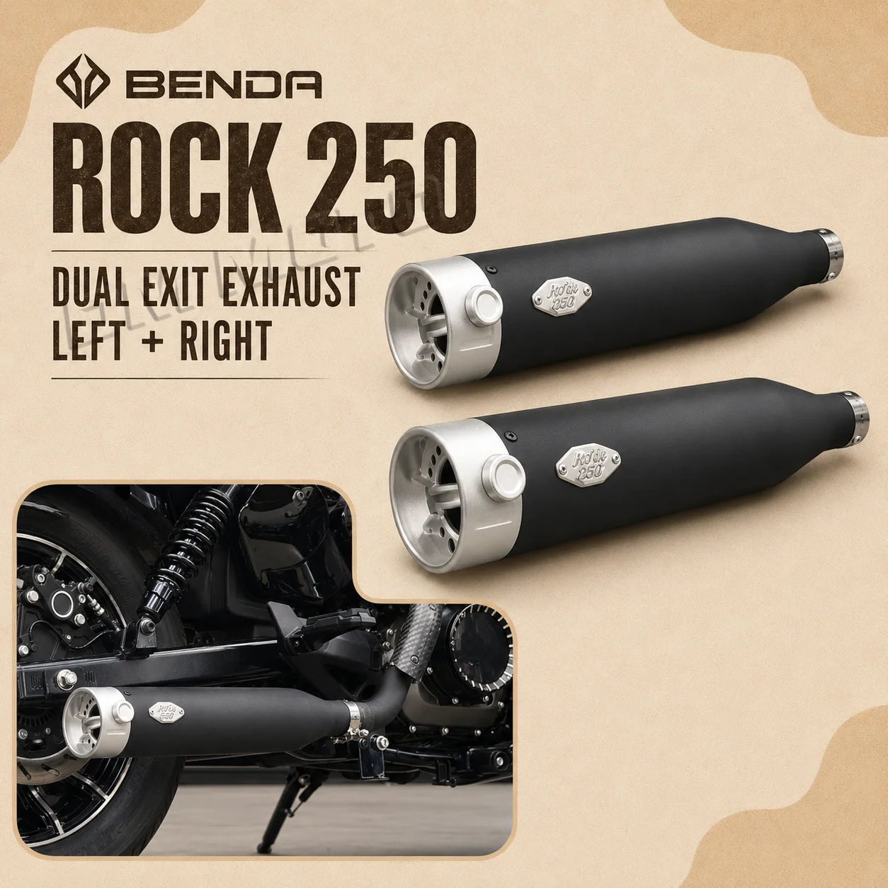 Motorcycle Full Dual Outlet Exhaust With Valve Trap Fit For BENDA ROCK 250 300, Mellow Deep Tone