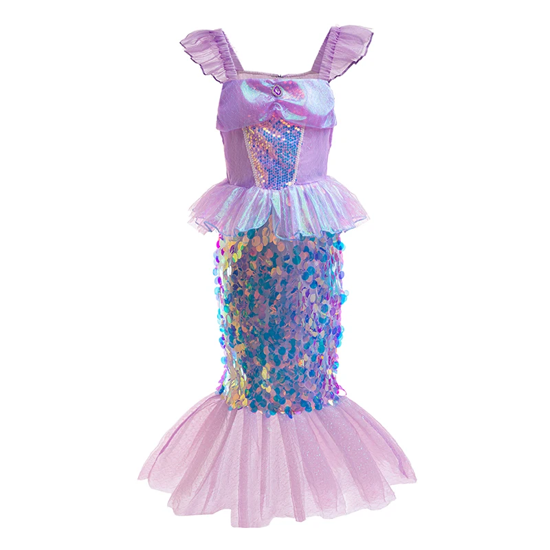 Summer New Girls Mermaid Flying Sleeves Sequin Cosplay Dress Children's Day Halloween School Party Dress for 3 4 5 6 7 8 Years