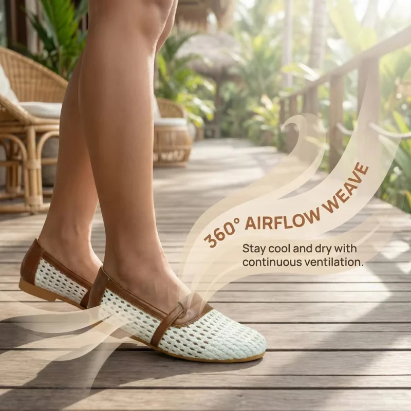 Gewebte Damen-Sandalen, flache, atmungsaktive Sommer-Mesh-Schuhe mit quadratischer Zehenpartie, Mary Jane, bequeme Slip-On-Ballett-Sandalen für Damen