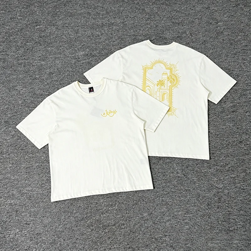 New Arrival DERSCHUTZ Men T Shirt Double Sided Embroidery Arabic Building Palm Loose Short Sleeve Street Tee