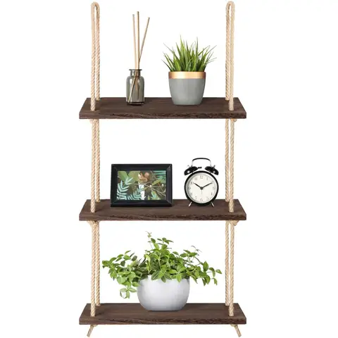 Wood Hanging Shelf 3-Tier Rustic Storage Shelves Macrame Plant Rack for Living Room Floating Display Shelves
