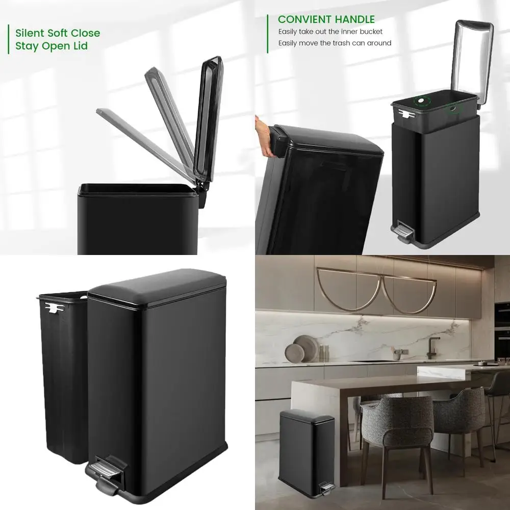 

12 Gallon Black Step-On Kitchen Trash Can with Removable Lid and Inner Bucket