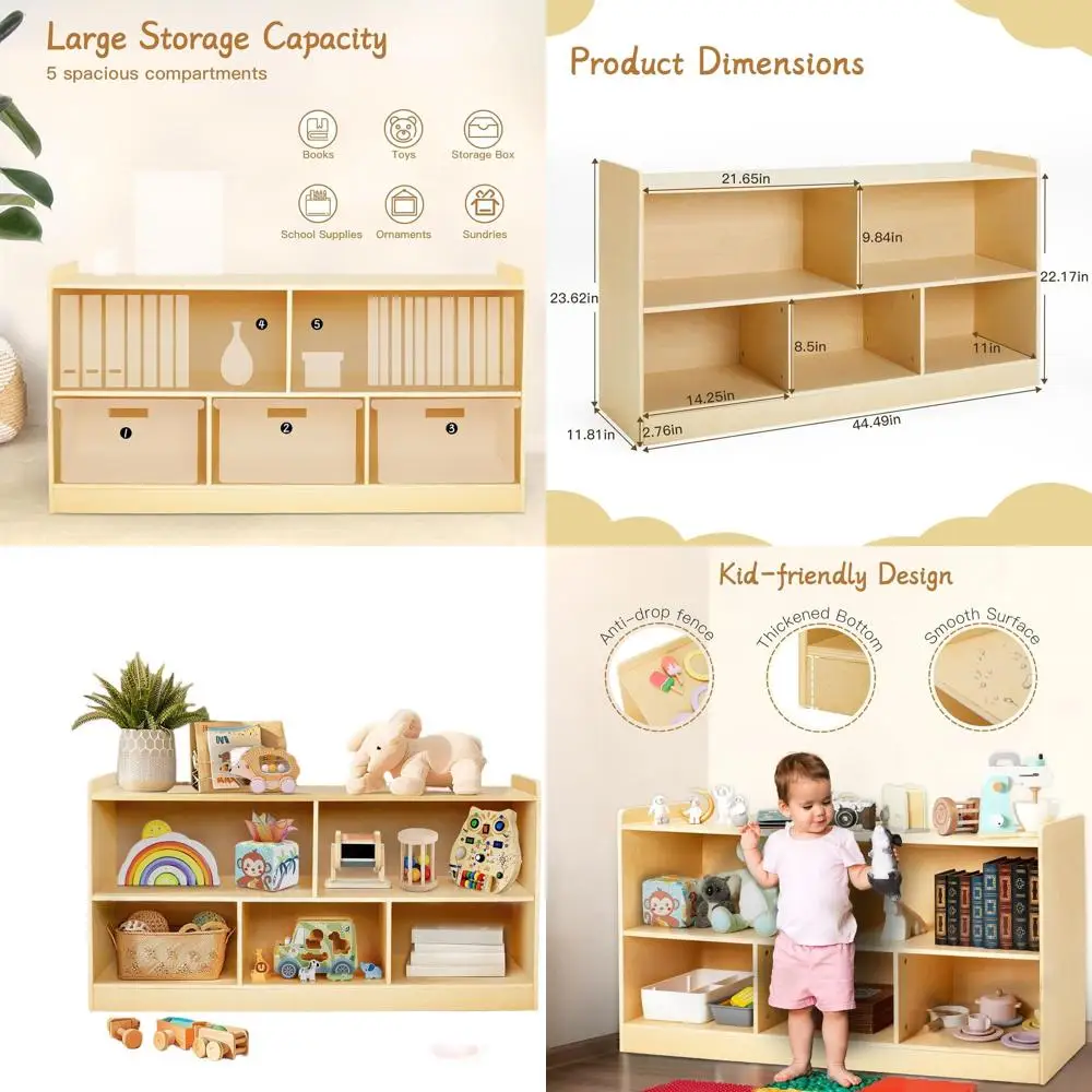 

Natural Wood Montessori 2-Tier Bookcase with 5 Storage Sections for Kids' Books and Toys