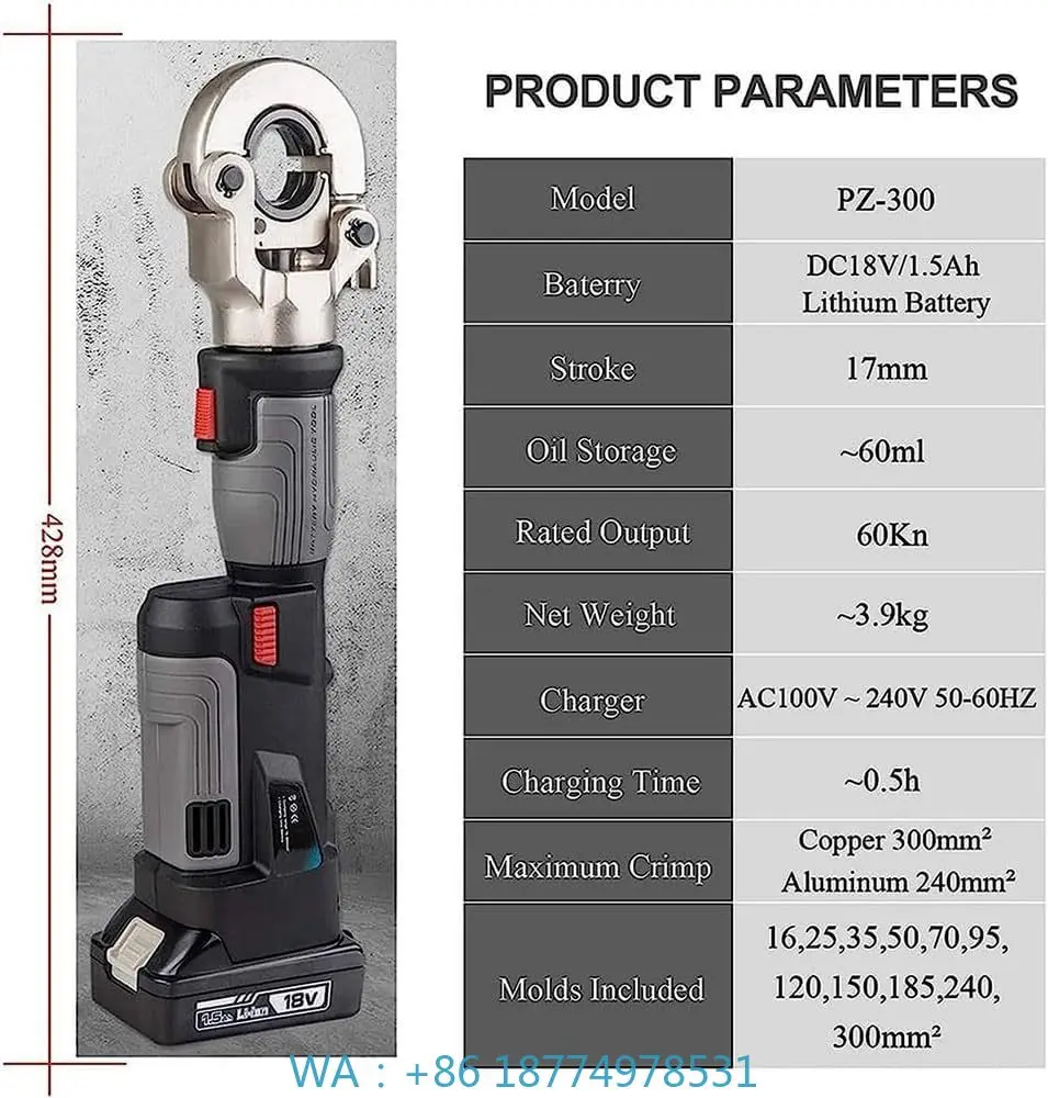

e 16-300mm² Battery Powered Hydraulic Cable Lug Crimping Tool Electric Hydraulic Crimping Pliers Tool Set 18v/1.5ah Rechargeabl