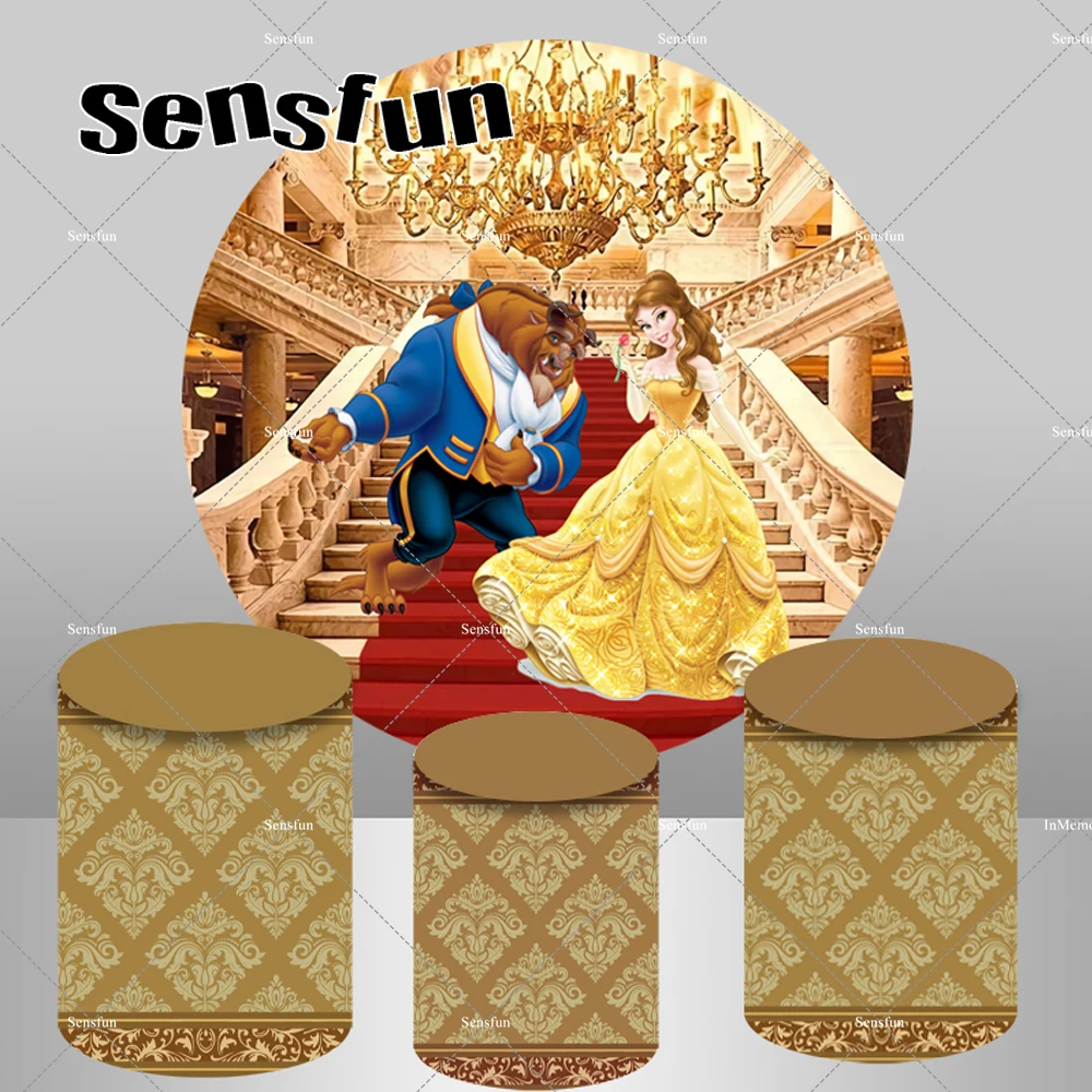 Beauty and The Beast Theme Round Backdrop Cover Princess Belle Hall Red Carpet Girls Birthday Party Background Plinth Covers