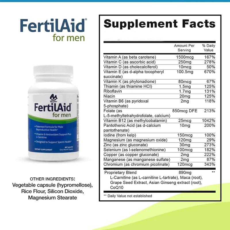 

Men's prenatal male fertility supplements | Fertility support includes 60 capsules of L-carnitine, zinc, and folate