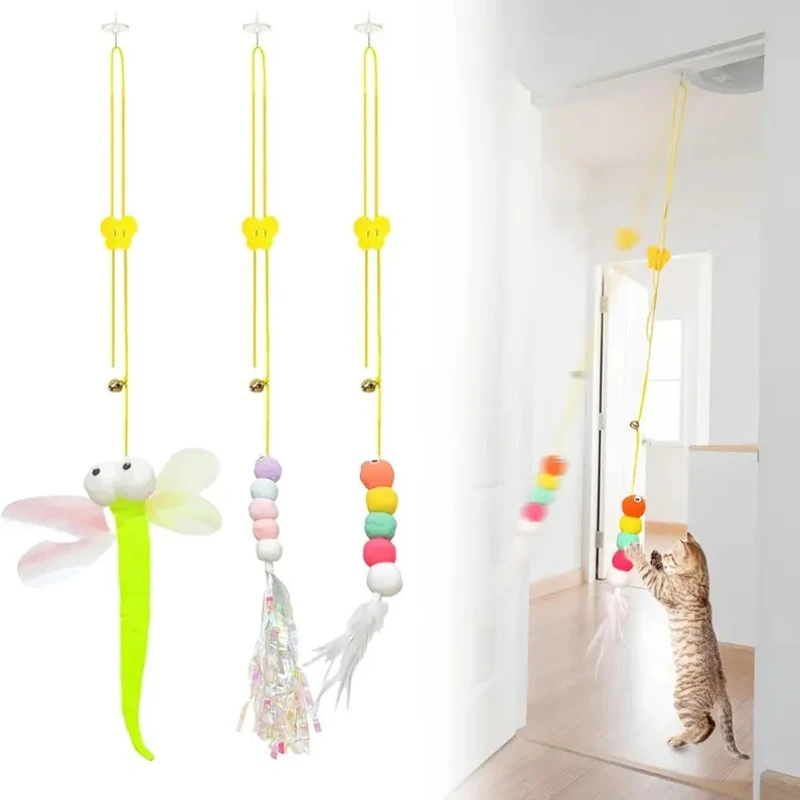 Hängende Tür, springendes interaktives Katzenspielzeug, Federstäbchen, einziehbares Katzen-Teaser-Zauberstab-Spielzeug mit Saugnapf, interaktives Katzenspielzeug