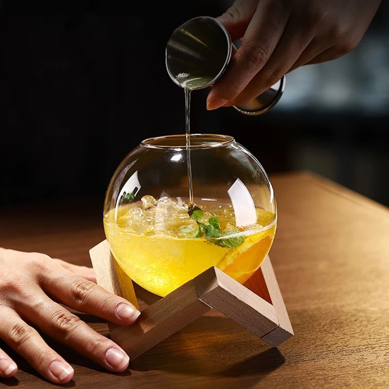 Transparent Moon Ball Wine Glasses Creative Spherical Cocktail Glass Cup Straw Wooden Base Restaurant Cold Drinking Juice Cups