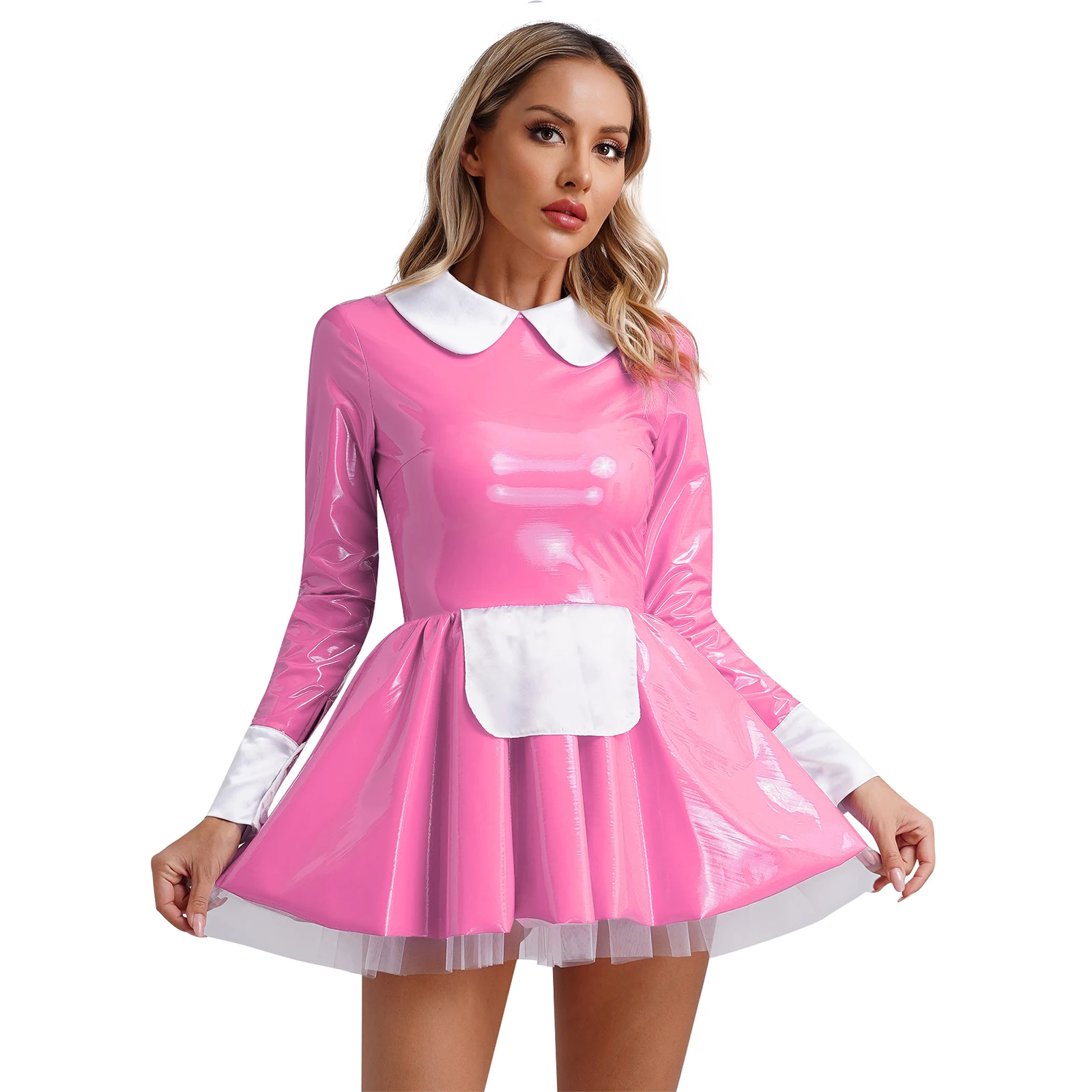 Sexy Women Faux Latex French Maid Dress Halloween Sweet Cosplay A-line Mini Dress Clubwear Roleplay Maidservant Waitress Costume