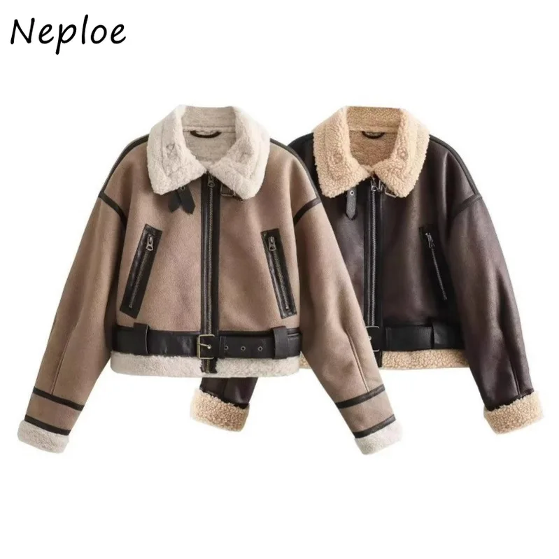 

Neploe Vintage Literary Leather Patchwork Jacket Personalized Loose Europe Streetwear Zip Coat New Warm Short Thicked Moda Tops