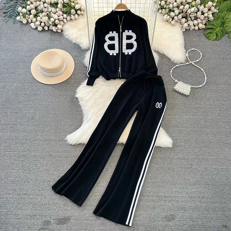 Casual Side Stripe Knitted Women Tracksuit Korea Jackets Sweatcoats Tops Two Piece Sets Lace-up High Wiast Wide Leg Pants Outfit