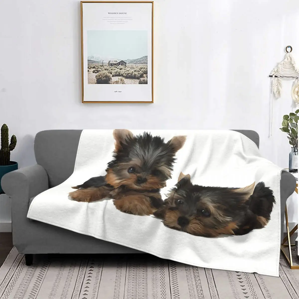 Two Puppies. Cute Terrier Yorkshire Cartoon Blanket Fleece All Season Breathable Super Warm Throw Blankets For Office Bedspread