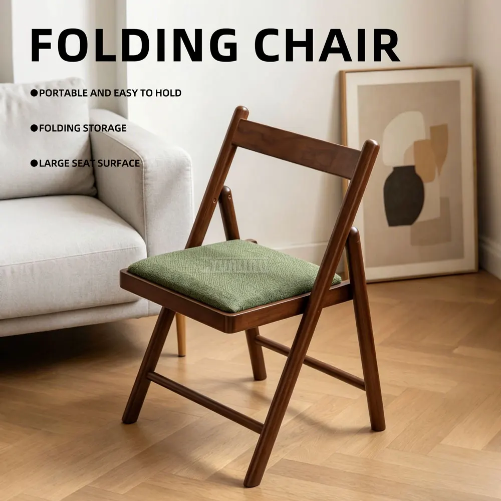 Solid Wood Folding Dining Chair with Comfortable Cushion and High Backrest, Stackable Stool for Home Living Room Kitchen Indoor