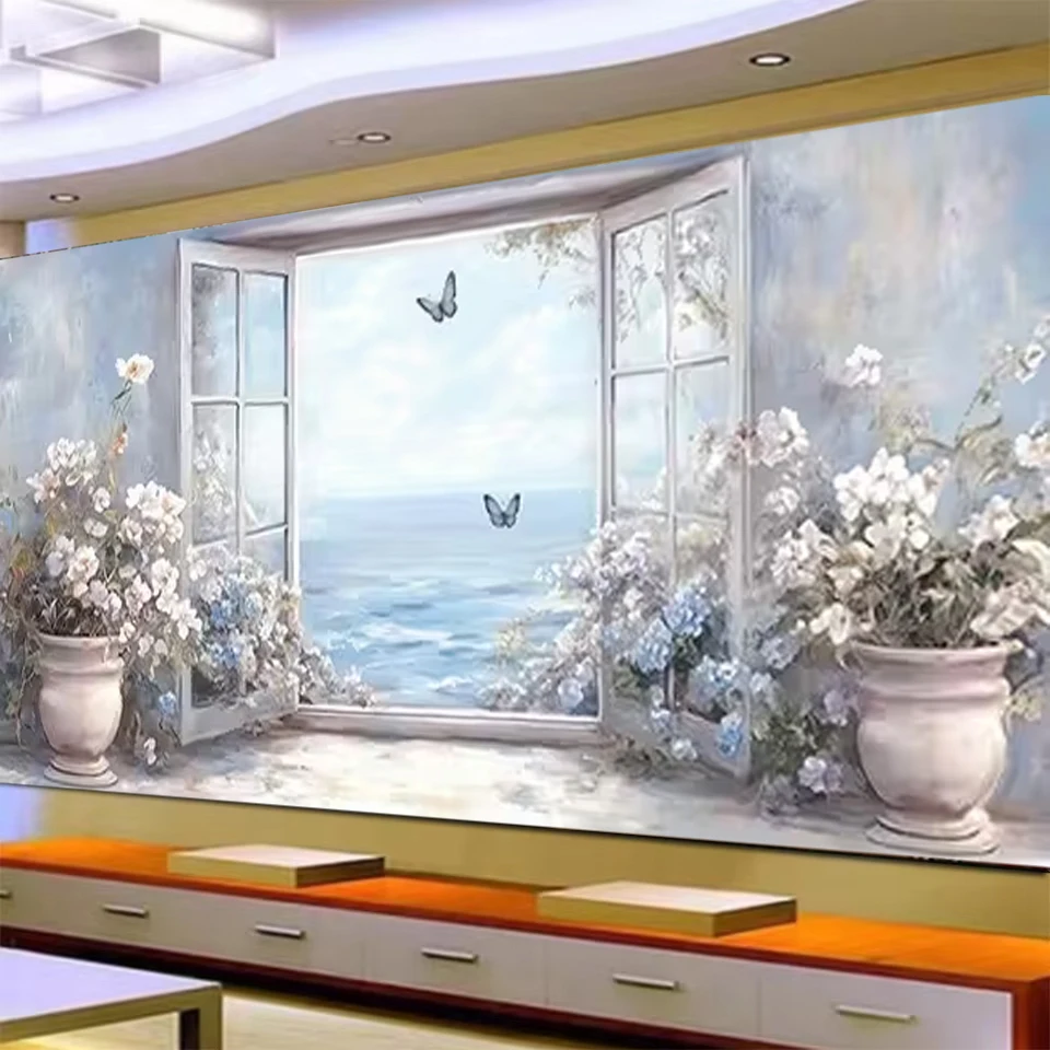 

Seaside Window Landscape Flowers Vase Butterfly DIY Diamond Art Painting Full Round Diamond Embroidery Mosaic Cross Stitch Kits