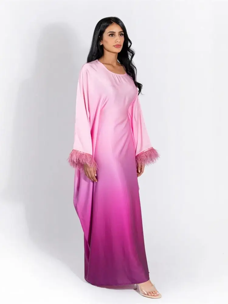 Eid Gradient Fashion Feather Satin Robe Femmes Musulmane Abaya Dubai Muslim Modest Dress Islam Clothing Abayas For Women Kaftan