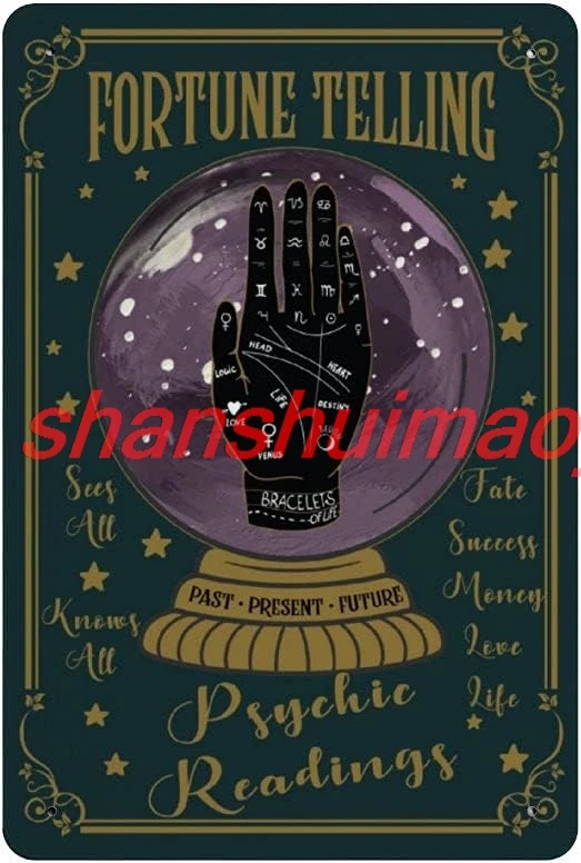 WZVZGZ Retro Tin Sign Fortune Teller Crystal Ball Palmistry Psychic Readings Metal Sign for Home Dorm Gym Wall Decor for Fa SGH