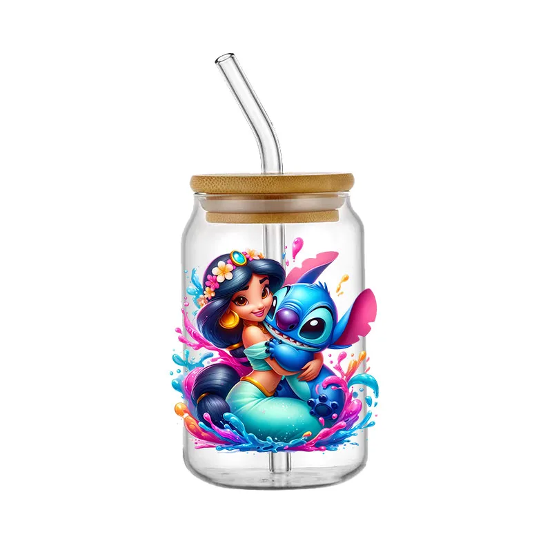 Disney Princess Stitch 3D Transfer Sticker For 16oz Libbey Glass Waterproof Mug Cup Wraps UV DTF Stickers Custom Decal Logo