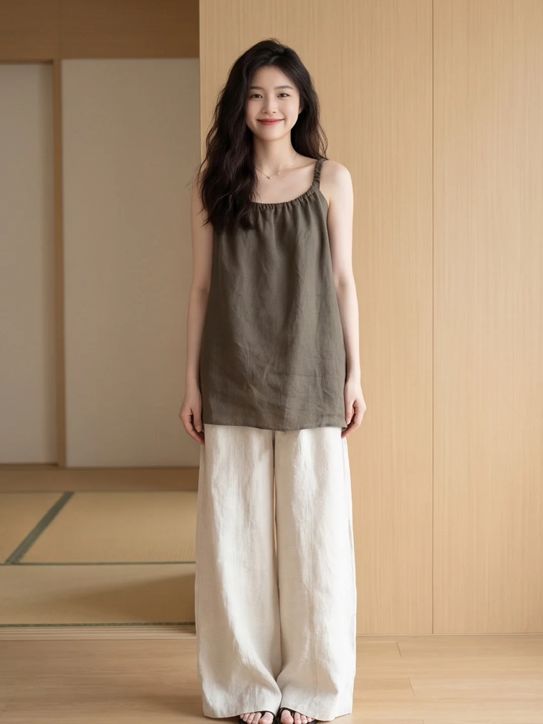 Beach Vacation Style Women's Tank Top Wide Leg Pants Set Summer Slimming Small Size Two Piece Suit Polyester Fiber Long Pants