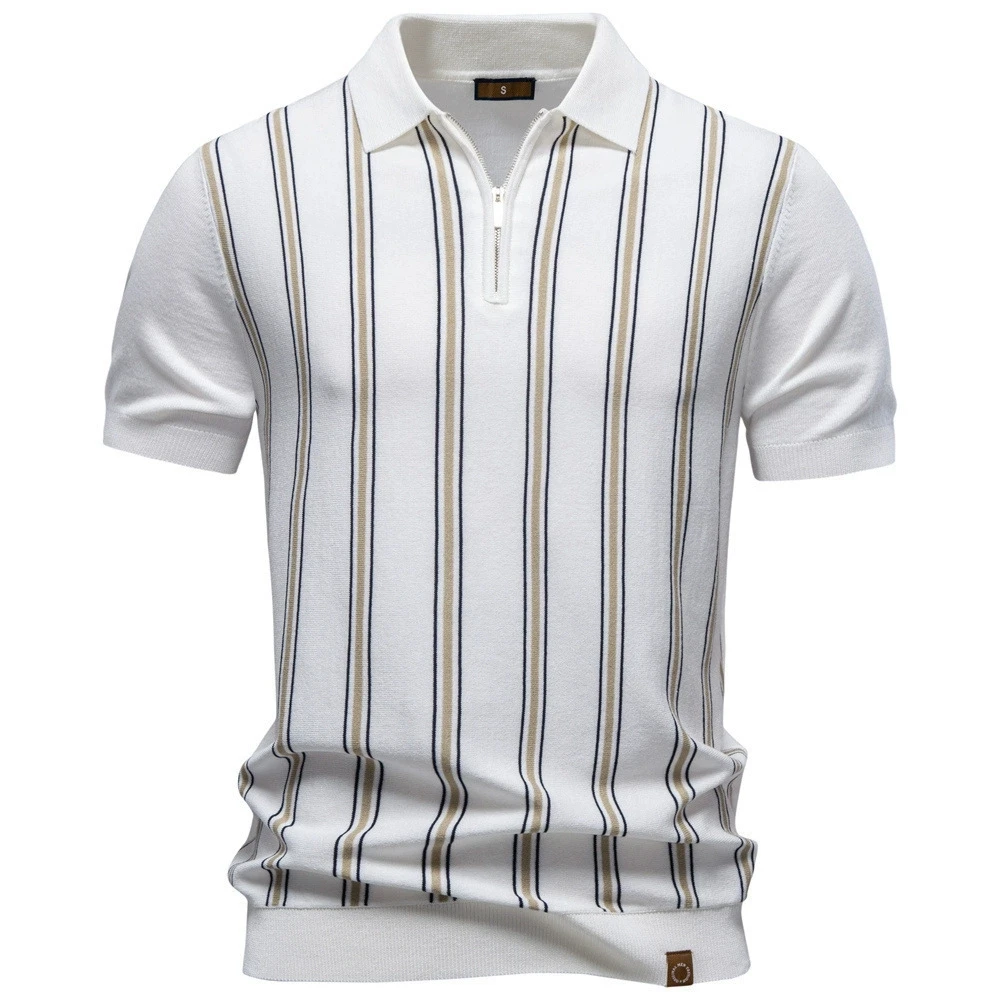 Men's Summer Professional Business Striped Zipper Knitted  Short Sleeve Lightweight Luxury Breathable T-Shirt