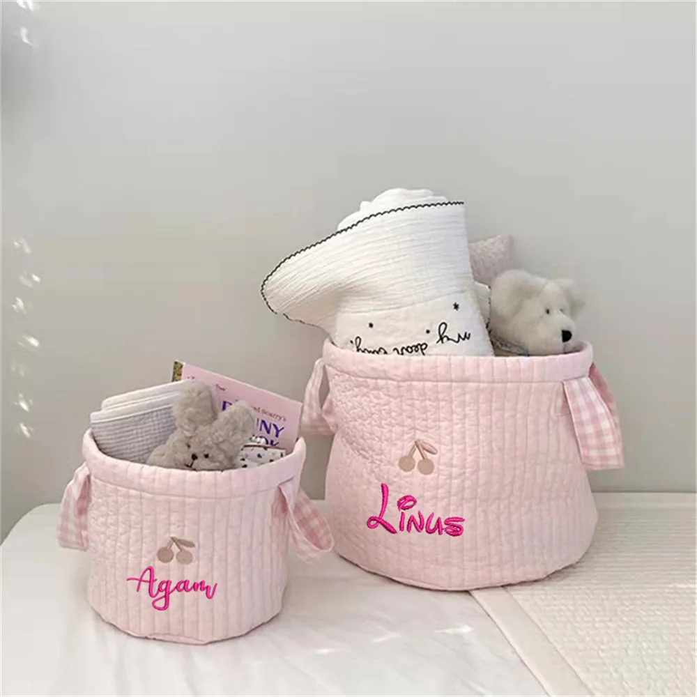 Personalized Embroidery Name Cute Cherry Storage Basket Toys Organizing Bag Crib Storage Bag Multi-Purpose Storage Basket