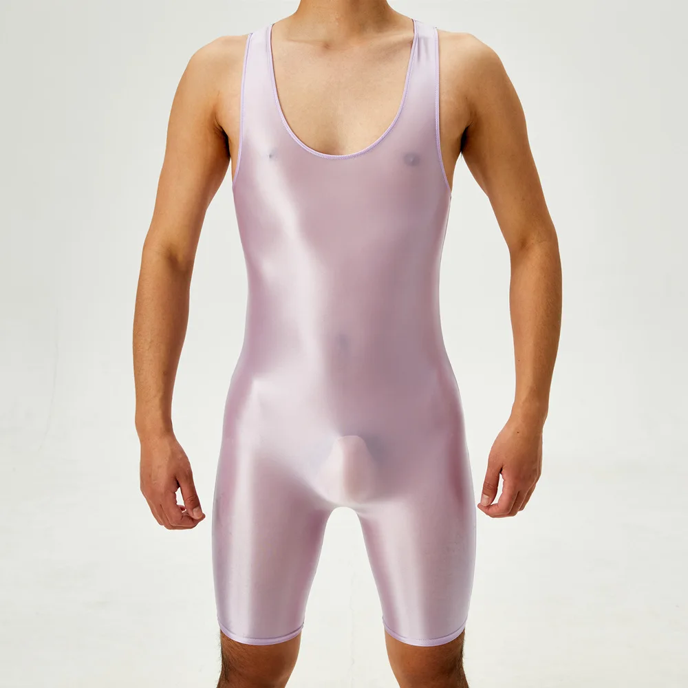 Glossy Transparent Sexy Mens Bodysuit Undershirts One-piece Jumpsuit Romper Fitness Leotard Male Underwears