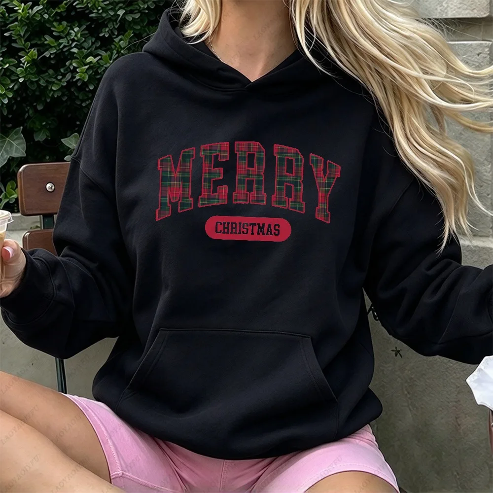 Vintage Merry Christmas Hoodie Women Plaid Pattern Letter Graphic Sweatshirt Winter Warm Pocket Pullover Cozy Attire Hoodies
