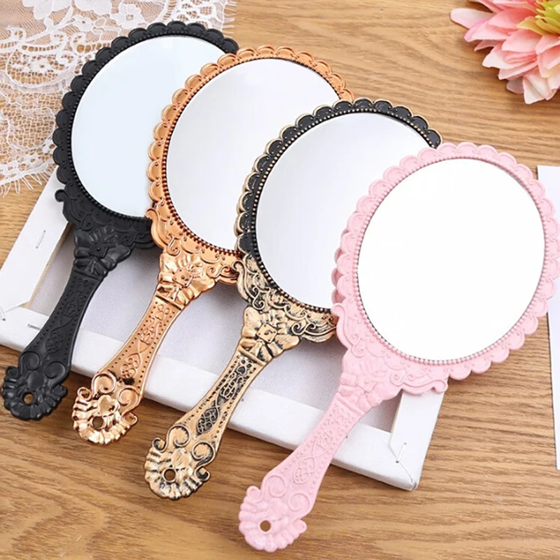 Vintage Ancient Court Carved Makeup Mirror European Style Handheld Oval Shaped Mirror Portable Cosmetic Mirror