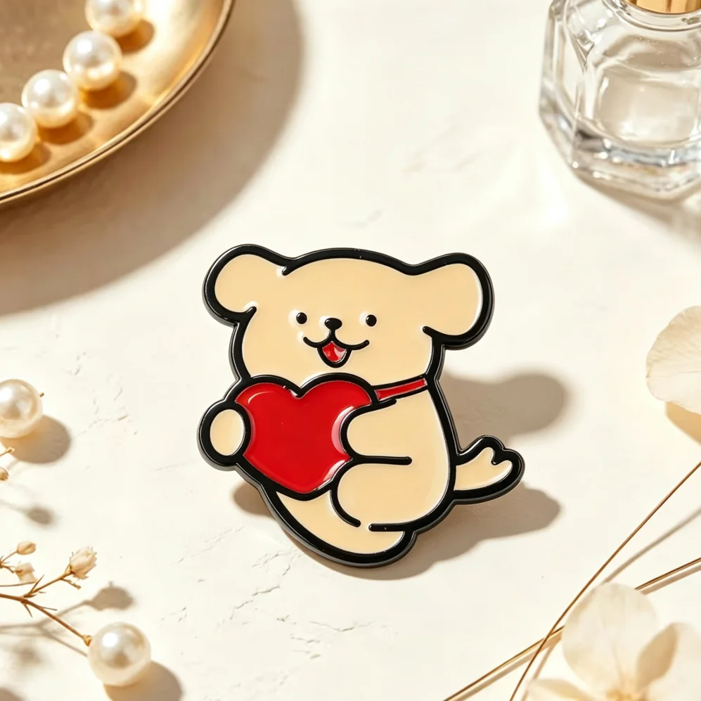 Cute Golden Puppy Hugging Red Heart Enamel Lapel Pin Smiling Cartoon Dog Romantic Love Metal Badge Valentine Backpack Decor Gift