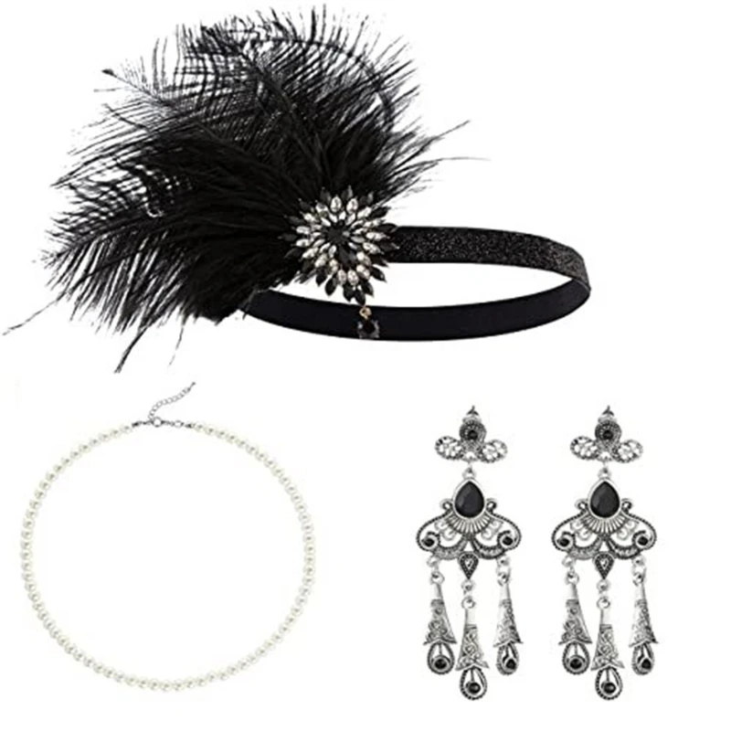 Accessori per Flapper da donna Gatsby Party Costume orecchini con fascia elastica in piuma