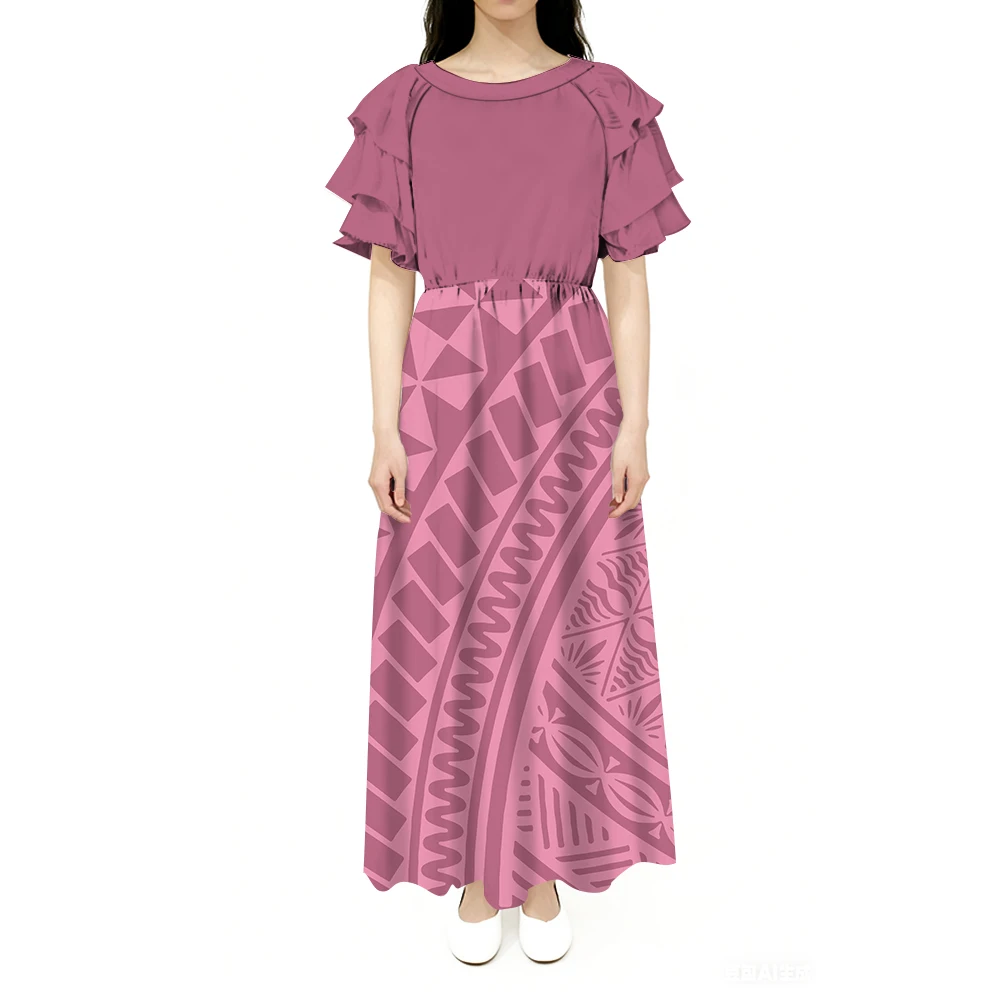 

Polynesian Custom-Made Comfortable And Soft Women'S Dress With Lotus Leaf Sleeves Round Neck And Long Cinched Waist Design