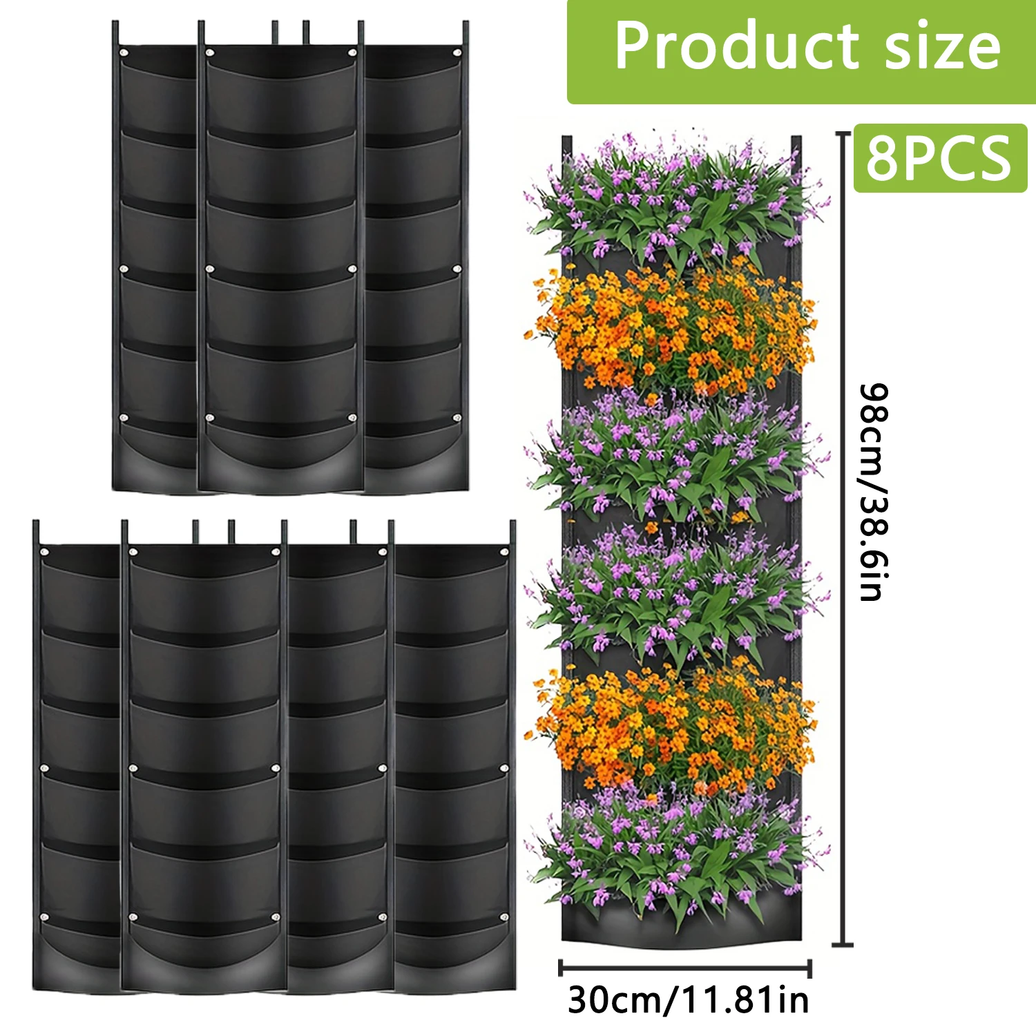 6 Pockets 30x98cm Hanging Vertical Grow Bag, Waterproof Plant Planter for Strawberry Herb Flower, Indoor Outdoor Garden Wall