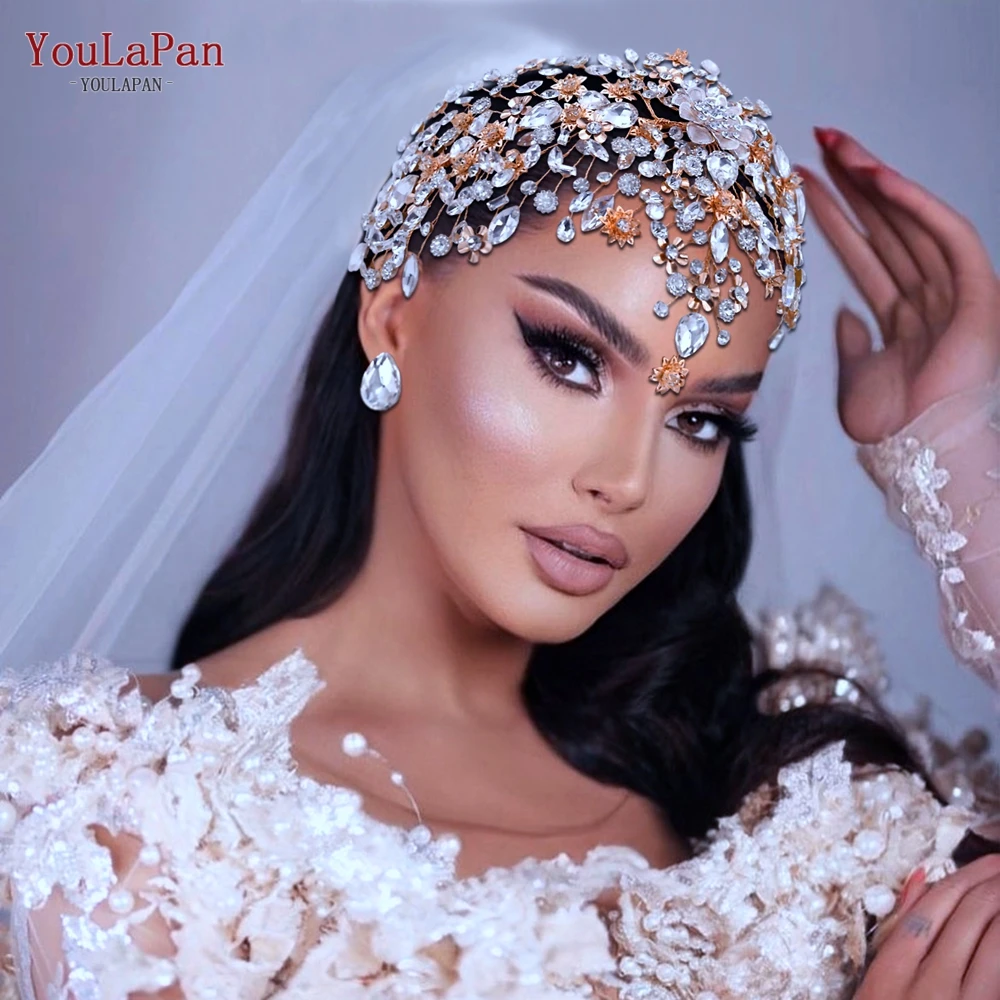 

YouLaPan Golden Bridal Headband Alloy Flower Wedding Crown Forehead Jewelry for Wedding Pageant Brides Tiara and Headdress HP456