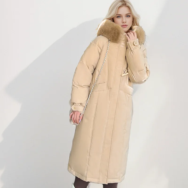 2024 New Winter Women\'s Long Cotton Jacket Female Fur Collar Thicken Warm Parkas Coat Women\'s Pure Color Casual Jacket Coats