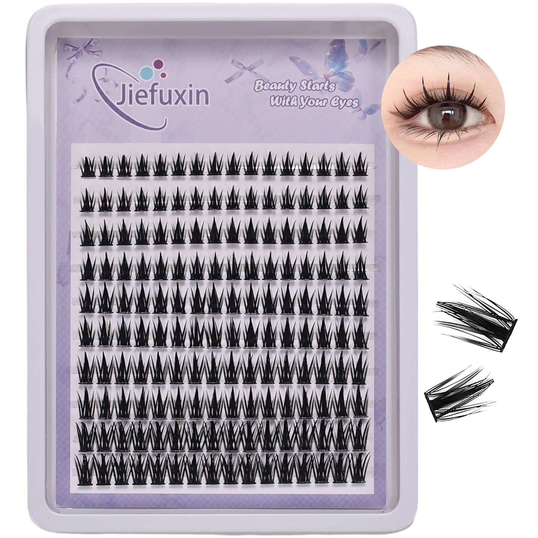160Pcs Wheat-Ear Shape Fake Eyelashes Fine Stem, DIY Eyelash Extension, Thick Segmented Clusters Grafting DIY Lashes Makeup Tool