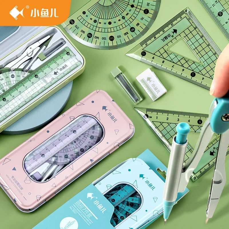 Little Fish Stock Creative Compass Set Triangle Ruler Student Stationery Drawing Metal Ruler Set Ruler