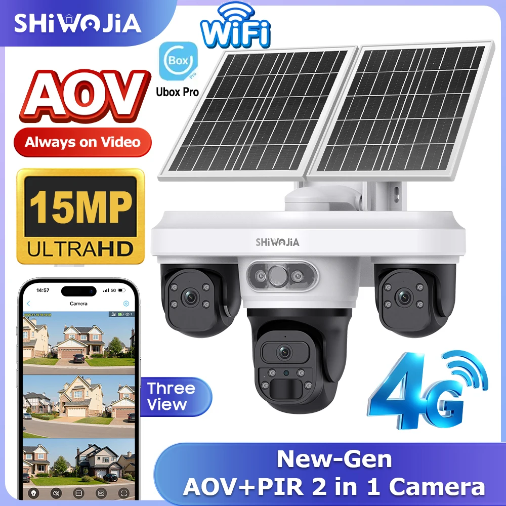 SHIWOJIA 15MP كاميرا تعمل بالطاقة الشمسية AOV 4G SIM ثلاثة شاشة واي فاي اللاسلكية في الهواء الطلق الأمن كاميرا متحركة 7/24 ساعة تسجيل الفيديو UBOXPRO #1